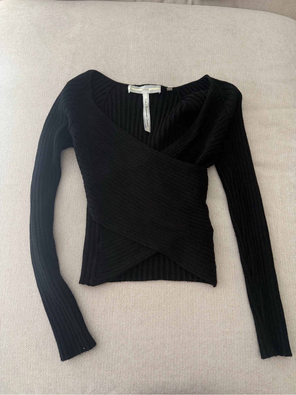 Guess Black Ribbed Wrap V-Neck Sweater